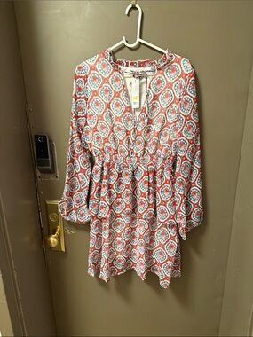 Love By Design Coral & Light Blue Patterned Midi Dress
